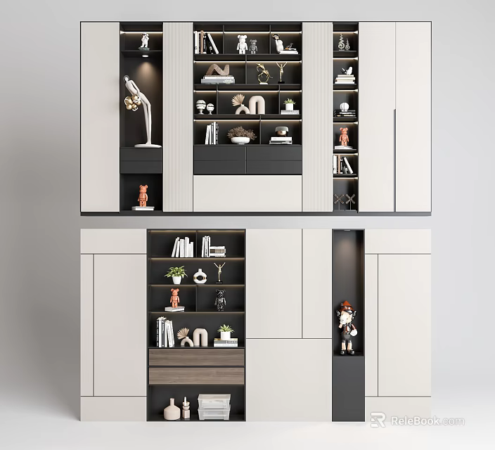 Modern White Bookcase With Multiple Shelves Books Decorative Items And Figurines 3d model 