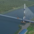 Modern Cable Stayed Bridge With Tower Over River And Green Farmland Hills