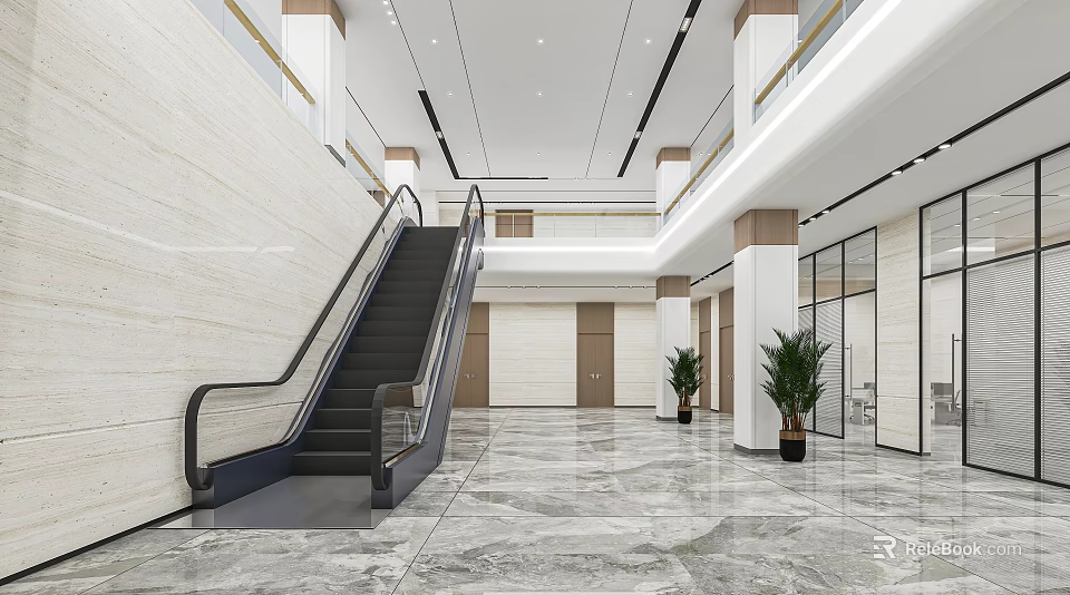 Spacious Front Desk Reception Area With Marble Floor Escalator And Green Plants 3d model