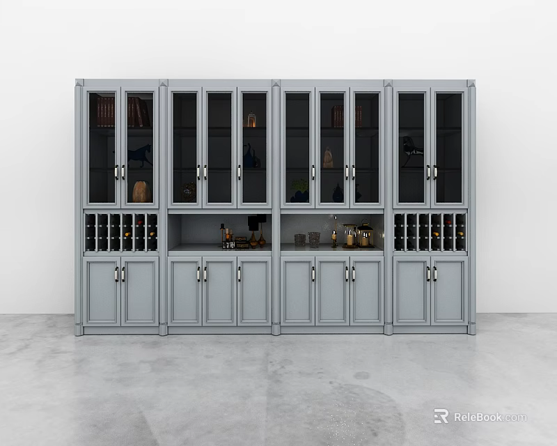 Elegant Modern Gray Wine Cabinet With Glass Display Doors And Storage Compartments 3d model 