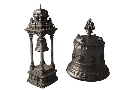 European Architecture Inspired Metal Bell and Tower Structure with Intricate Carvings and Ornate Top Design 3d model
