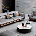 Modern Orange Leather Sofa With Cushions And Round Coffee Table Set 3d model