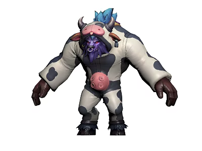 Anthropomorphic Monster Character With Cow Pattern Body Purple Face Horns And Blue Hair Tuft 3d model