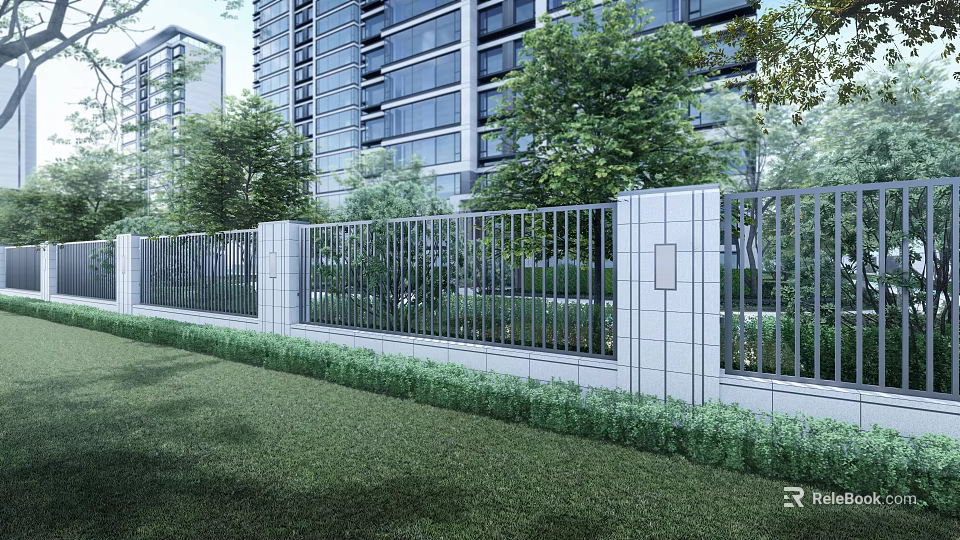 Modern Building Exterior Wall with Glass Curtain Walls Surrounded by Trees and Lawns 3d model 