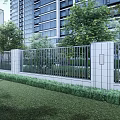 Modern Building Exterior Wall with Glass Curtain Walls Surrounded by Trees and Lawns