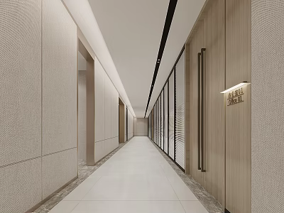 Modern Office Hallway Design with Light Wood Paneling Glass Partitions and Recessed Lighting 3d model