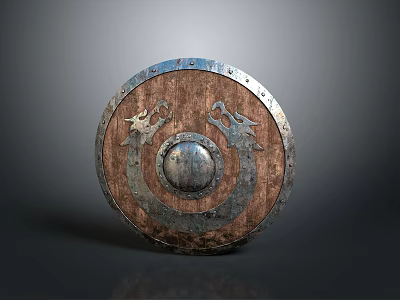 Vintage Wooden Shield With Metal Rim Dragon Carvings And Central Boss 3d model