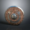 Vintage Wooden Shield With Metal Rim Dragon Carvings And Central Boss