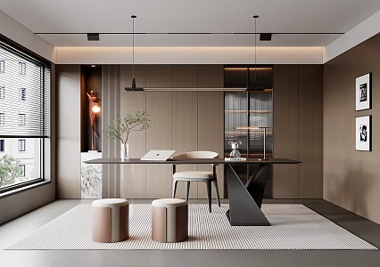 Modern Italian Study Modern Study Desk and Chair Combination Bookcase Stool Desk Ornaments in-line Chandelier Book Chair Acrylic Desk Study Hanging Painting 3d model