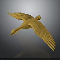 Golden Duck in Flight with Outstretched Wings Against Dark Background