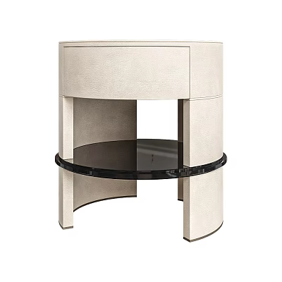 Elegant Contemporary Bedside Table Featuring Upholstered Body Curved Legs Round Drawer And Black Tray 3d model
