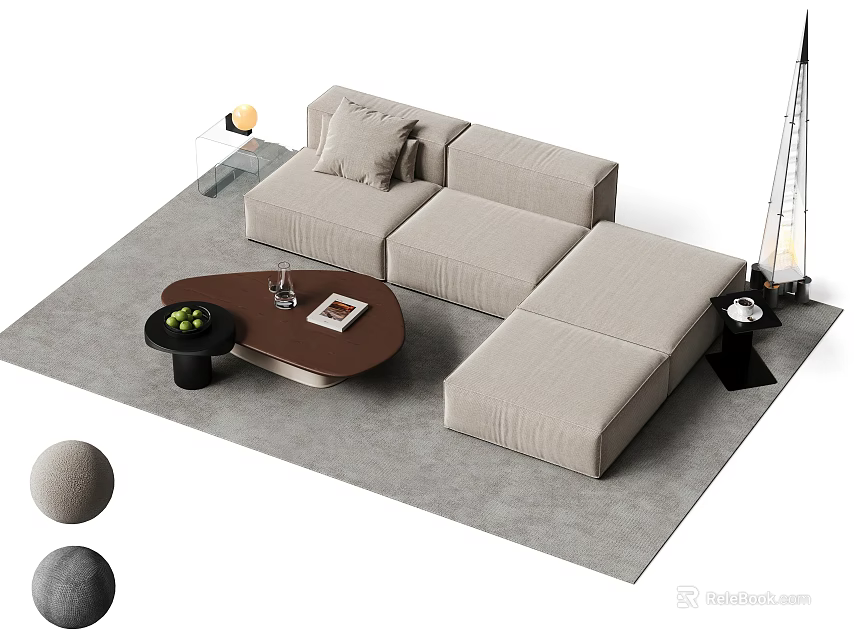 Modern L Shaped Sofa With Wooden Coffee Table And Gray Rug In Living Room 3d model 