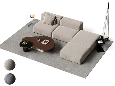 Modern L Shaped Sofa With Wooden Coffee Table And Gray Rug In Living Room 3d model