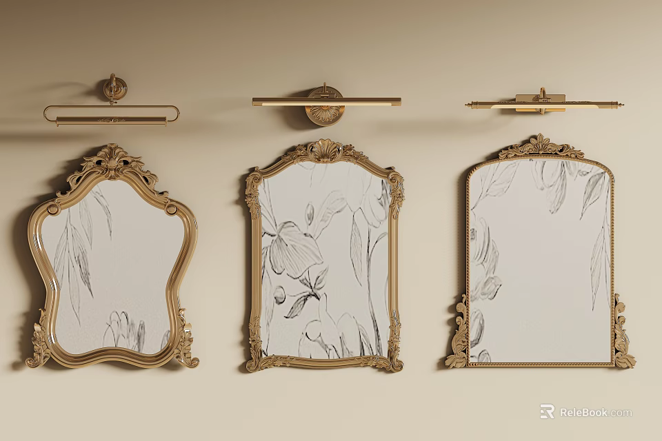 Three Vintage Gold Framed Mirrors With Intricate Carvings And Floral Patterns 3d model 