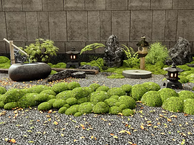 Japanese Courtyard Garden With Lush Moss Stone Lanterns Rocks And Gravel 3d model