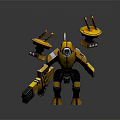 Yellow Mechanical Robot Character With Weapon And Back Red Light Antenna Structures 3d model