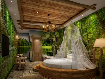 Hotel Guest Room With Wooden Ceiling Chandelier Round Bed White Canopy And Green Forest Murals 3d model