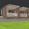 Modern Building With Wooden Slats Facade Glass Railings Steps And Lawn Trees