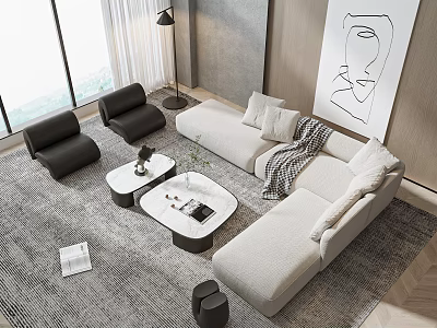 Modern Beige Fabric Sofa And White Coffee Table Set With Area Rug And Wall Art 3d model