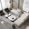 Modern Beige Fabric Sofa And White Coffee Table Set With Area Rug And Wall Art