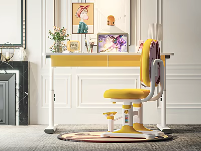 Yellow Desk And Chair Set In Modern Room Interior With Lamp Photo Frame And Flowers 3d model