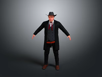 Stylish Men's Daily Living Essentials With Black Coat Hat Red Tie And Brown Shoes 3d model