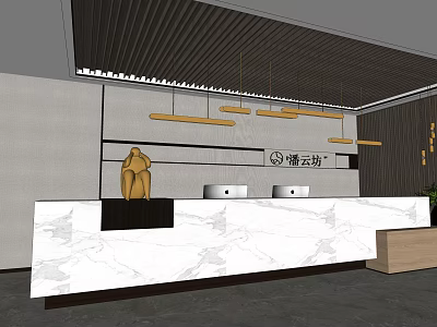 Modern Hotel Lobby Interior Design With Reception Desk Marble Countertop And Wooden Hanging Lights 3d model