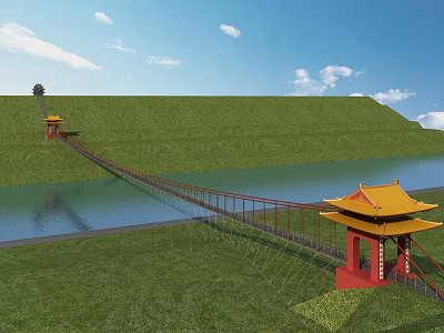 Scenic Suspension Bridge With Yellow Roof Pavilions Spanning Lake In Green Grass Landscape 3d model
