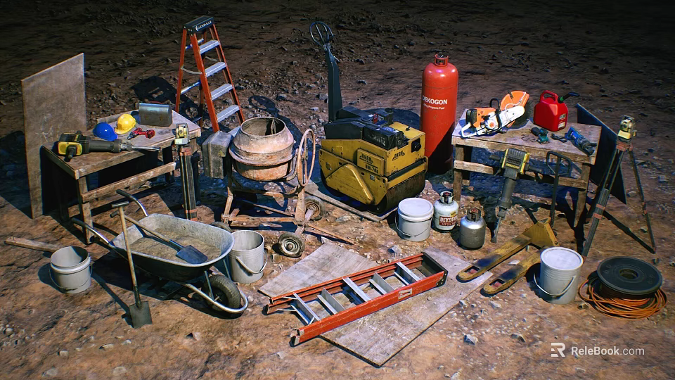 Essential Industrial Equipment Including Ladder Cement Mixer Wheelbarrow And Tools For Worksite 3d model 