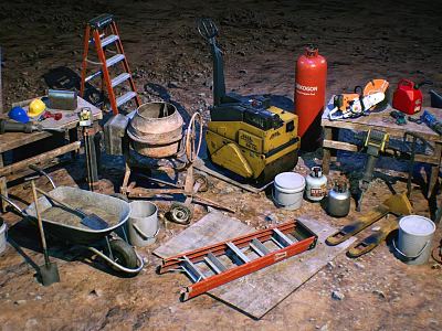 Essential Industrial Equipment Including Ladder Cement Mixer Wheelbarrow And Tools For Worksite 3d model