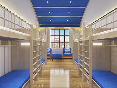 Hotel Guest Room With Bunk Beds Blue Mattresses Wooden Flooring Windows And Blue Sofas 3d model