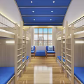 Hotel Guest Room With Bunk Beds Blue Mattresses Wooden Flooring Windows And Blue Sofas