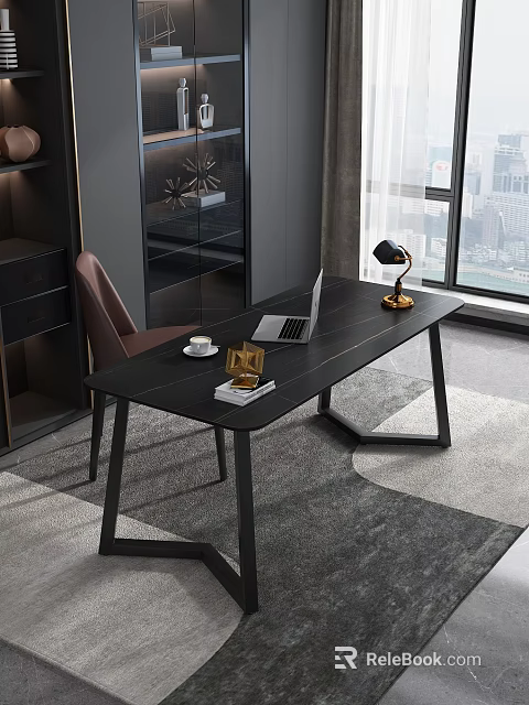 Modern Black Desk with Laptop Table Lamp Photo Frame Coffee Cup and Books 3d model 