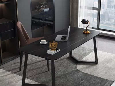 Modern Black Desk with Laptop Table Lamp Photo Frame Coffee Cup and Books 3d model