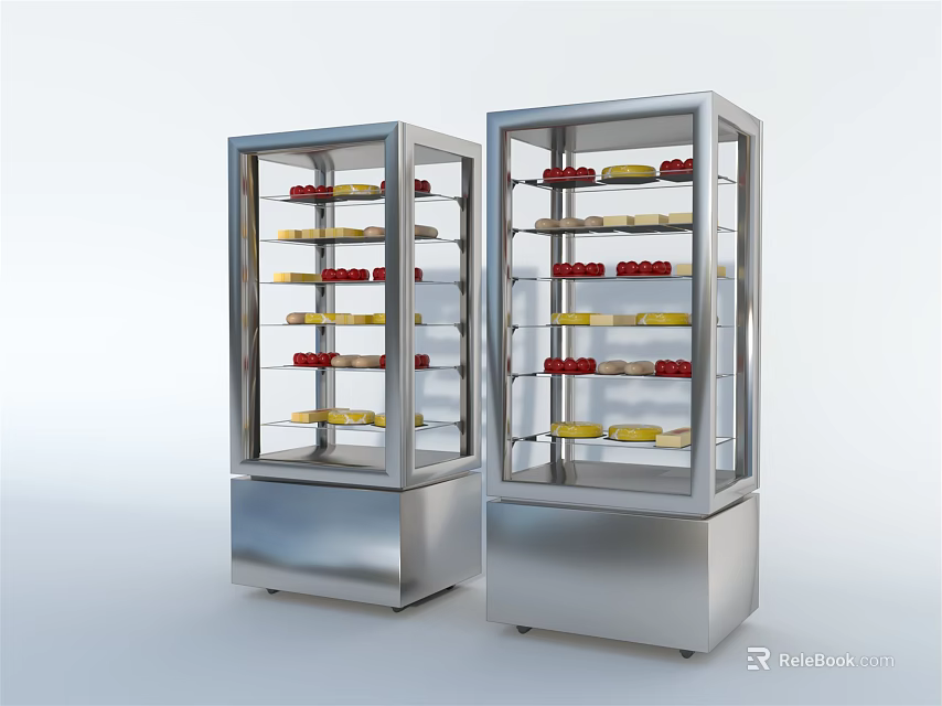 Stainless Steel Commercial Display Refrigerators With Double Glass Doors And Shelves Containing Red Yellow Items 3d model 