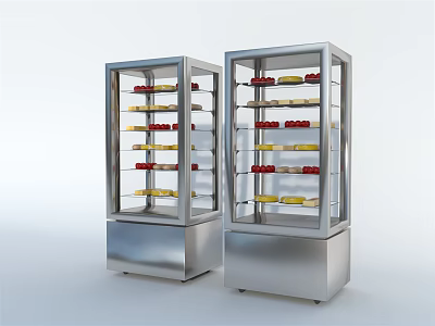 Stainless Steel Commercial Display Refrigerators With Double Glass Doors And Shelves Containing Red Yellow Items 3d model