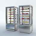 Stainless Steel Commercial Display Refrigerators With Double Glass Doors And Shelves Containing Red Yellow Items