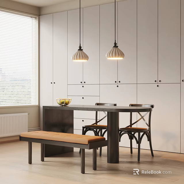 Modern Dining Table Set With Chairs Bench Pendant Lights And White Cabinets By Window Blinds 3d model 