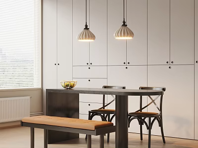 Modern Dining Table Set With Chairs Bench Pendant Lights And White Cabinets By Window Blinds 3d model