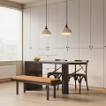 Modern Dining Table Set With Chairs Bench Pendant Lights And White Cabinets By Window Blinds