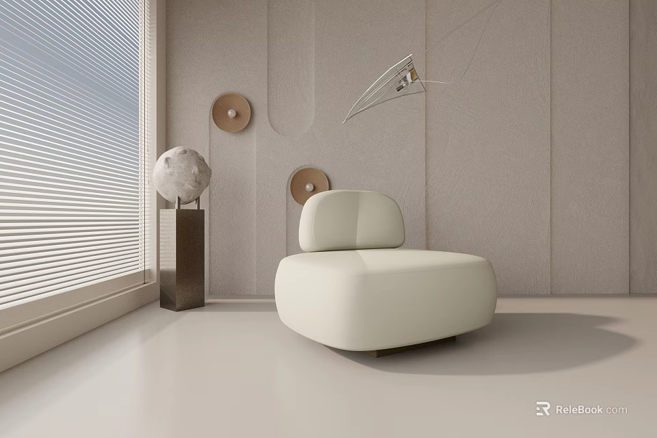 Modern Minimalist Beige Single Sofa in Bright Room with Globe Decor and Round Wall Art 3d model 