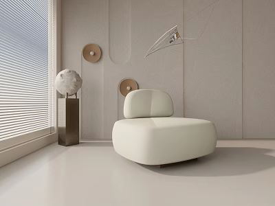 Modern Minimalist Beige Single Sofa in Bright Room with Globe Decor and Round Wall Art 3d model
