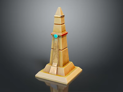 Golden Obelisk Structure With Green Gemstone Red Accents And Square Base 3d model