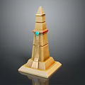 Golden Obelisk Structure With Green Gemstone Red Accents And Square Base
