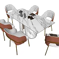 Modern Dining Table Set With Marble Top And Six Red Upholstered Chairs 3d model