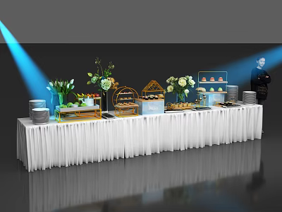 Food Buffet Table With Desserts Cakes Flowers Display Stands And White Tablecloth Under Lighting 3d model