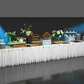 Food Buffet Table With Desserts Cakes Flowers Display Stands And White Tablecloth Under Lighting