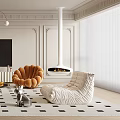 Elegant Living Room Interior With White Sofa Orange Armchair Chandelier Fireplace And Geometric Rug