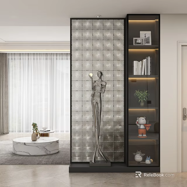 Elegant Modern Entryway Side Cabinet With Statue Plant Books And Decorative Shelf 3d model 