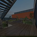 Modern Rooftop Terrace Design With Orange Wall Wooden Flooring Plants And Outdoor Furniture
